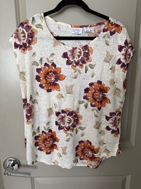 Nicole Miller  Floral Scoop Neck Tank Top - Cream with Orange & Purple Blooms L
